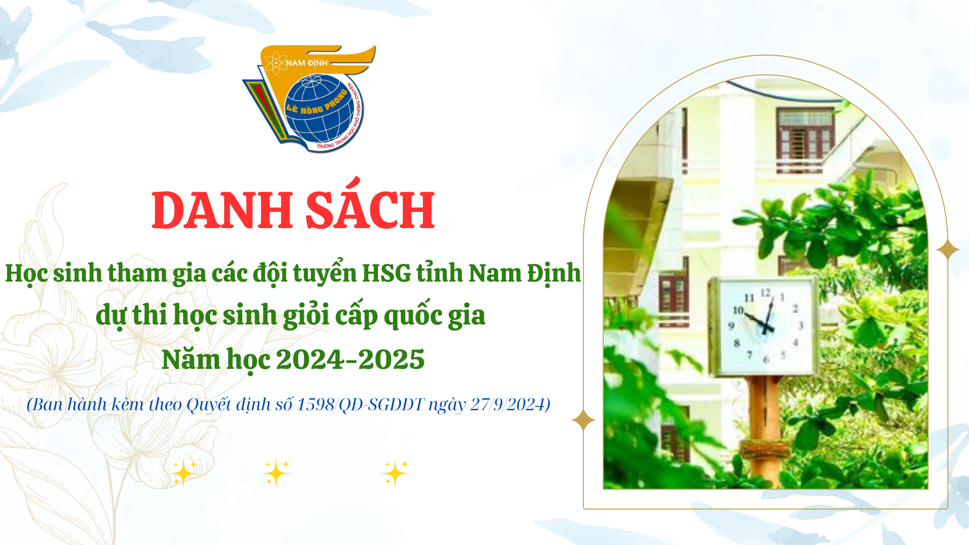 Danh sách học sinh tham gia các đội tuyển học sinh giỏi tỉnh Nam Định dự thi học sinh giỏi cấp quốc gia năm học 2024-2025